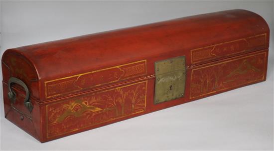 A Chinese lacquered scroll box with arched top